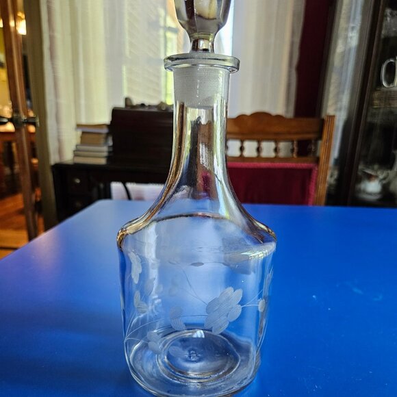 Tall Blown Glass Etched Decanter with Stopper. Bar Ware 15” Tall - Picture 2 of 5